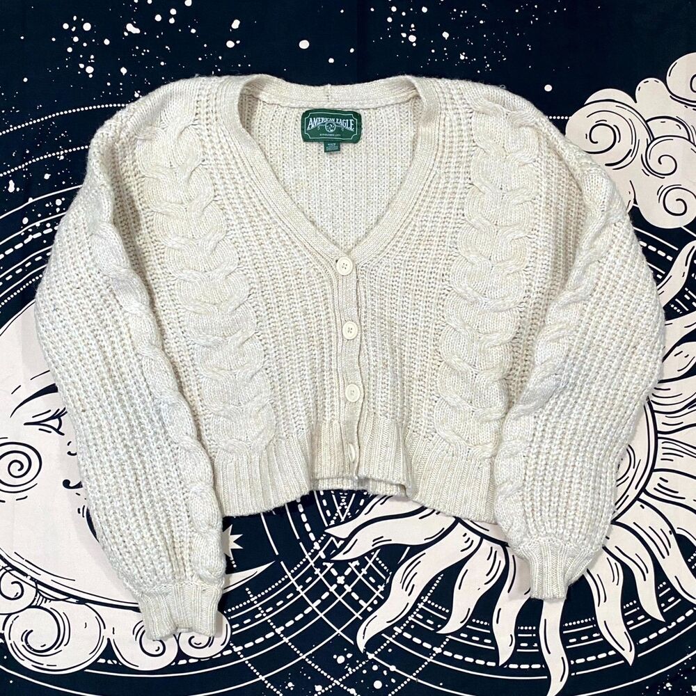 American Eagle Outfitters Sweater Women's M White Cable-Kint Cardigan Cottage